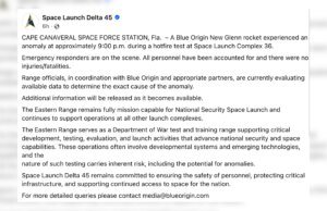O enorme foguete New Glenn da Blue Origin explode em uma chama ardente durante os testes