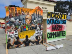 Enquanto a Microsoft sobe ao palco, os manifestantes saem às ruas